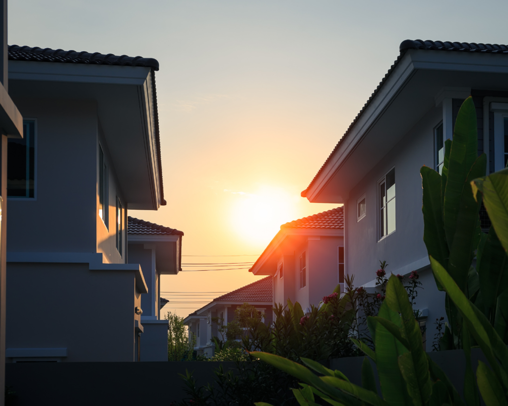 Morning sunlight shines between homes, illustrating how shade can keep exterior surfaces damp and contribute to algae growth.