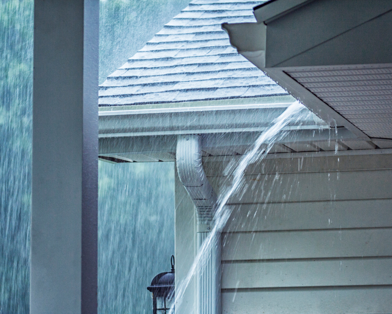 Close up of residential home during storm - water is pouring from gutters.