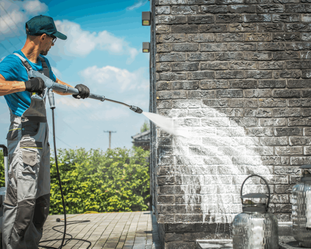 Man pressure washing side of building.