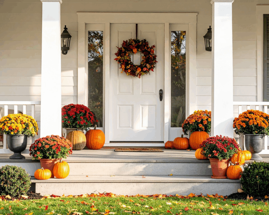Front porch decorated for fall with pumpkins, colorful mums, and an autumn wreath on the door.