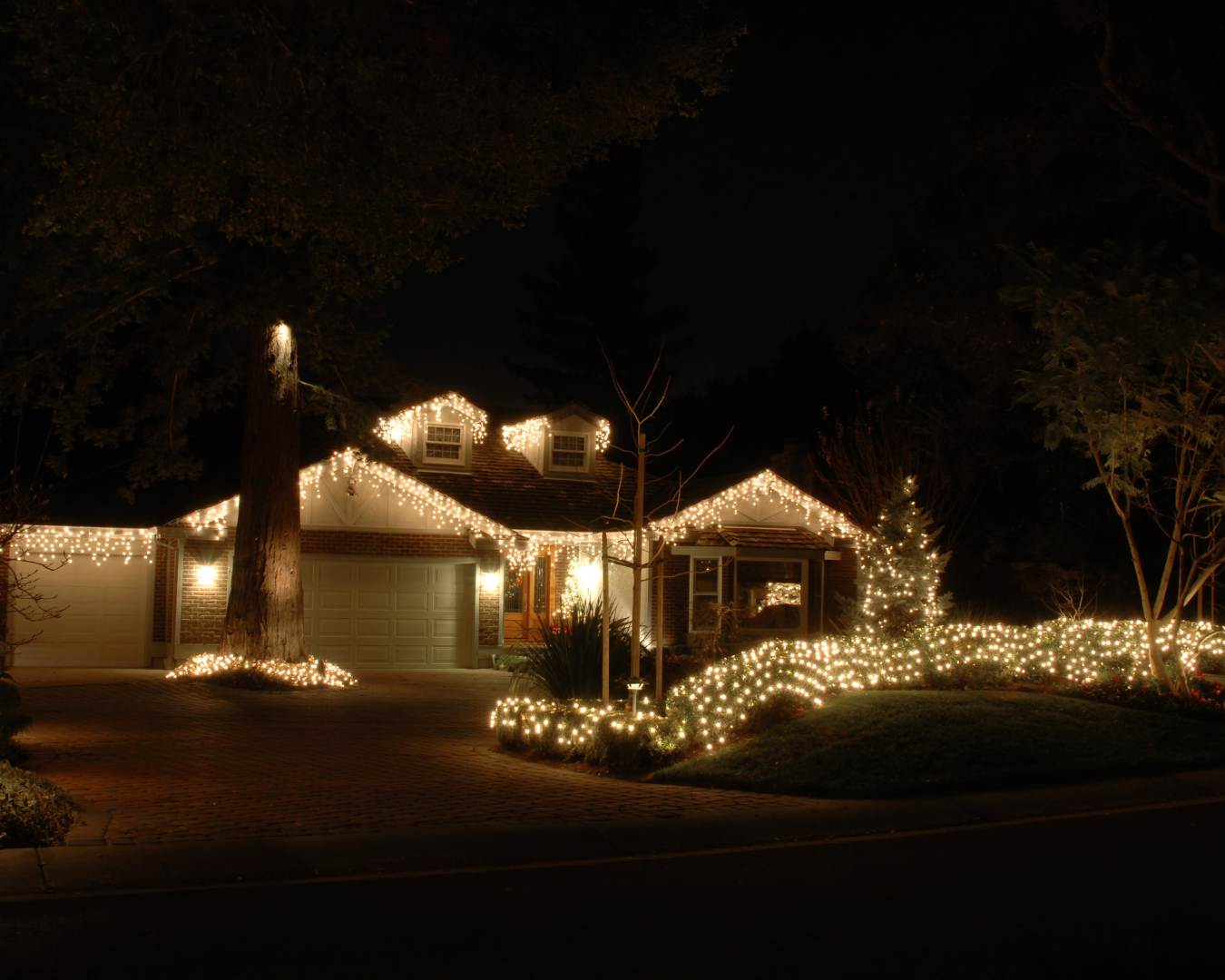 Home decorated with elegant white Christmas lights along the roofline, trees, and landscaping, glowing warmly at night.