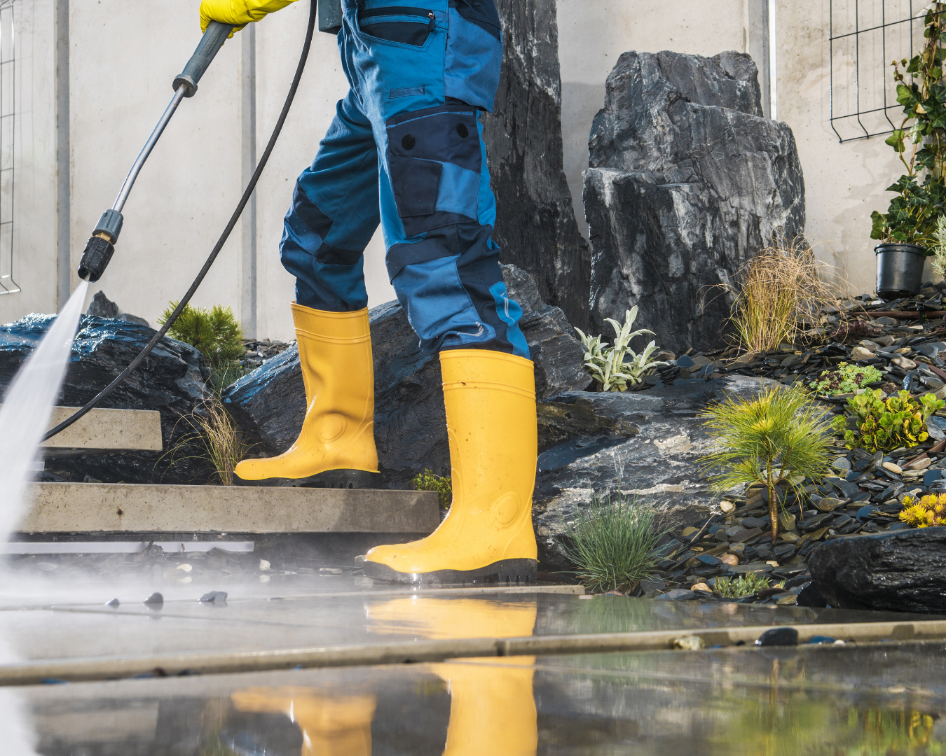 Technician wearing yellow boots soft washing an outdoor stone patio and landscaping with low-pressure water to safely clean exterior surfaces.