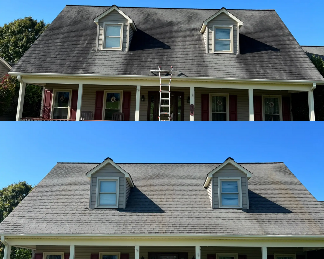 Before-and-after image showing a roof covered in grime and algae next to a clean, bright roof after professional washing.