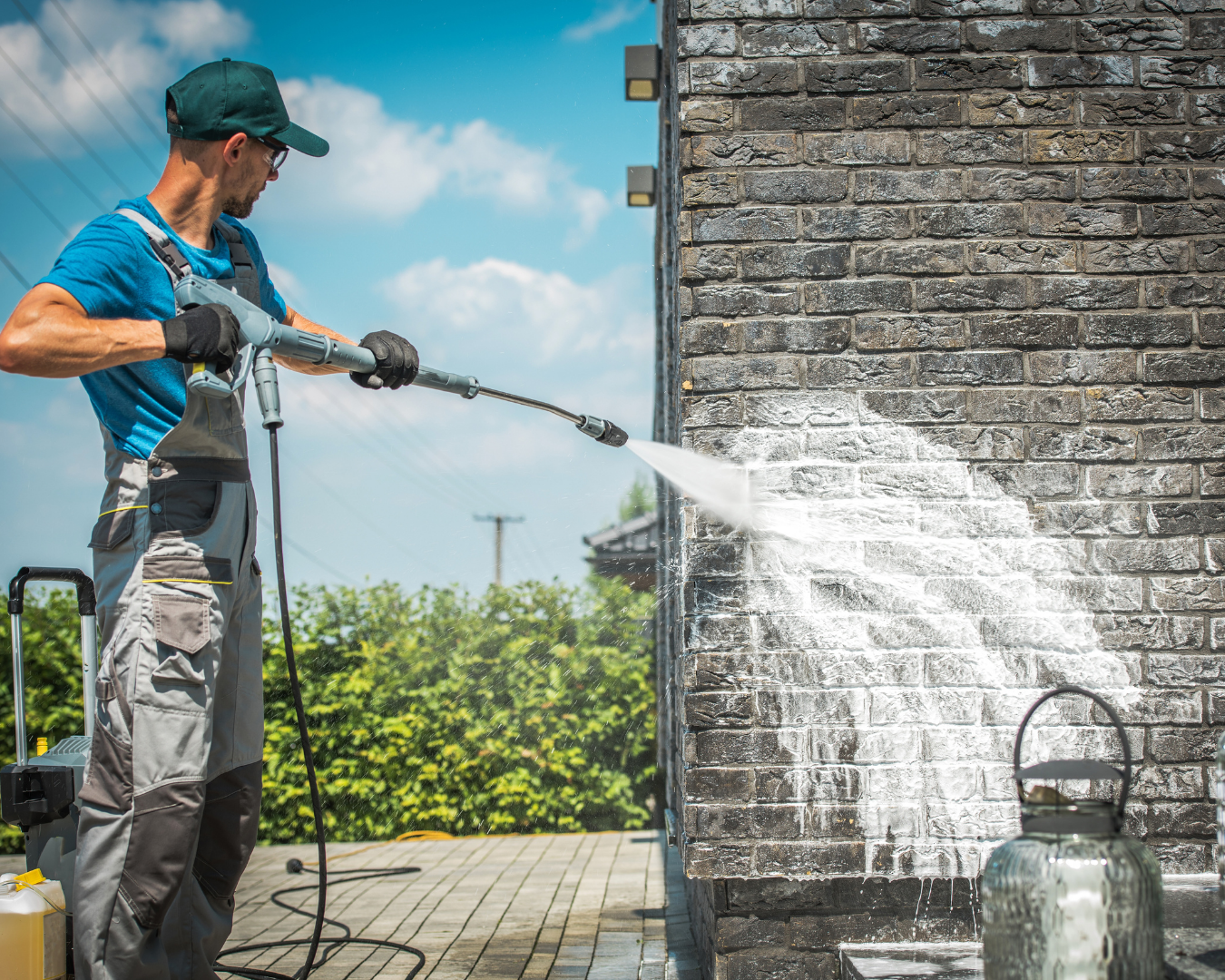 Professional pressure washing technician cleaning the exterior brick wall of a commercial building with a high-pressure washer to remove dirt, grime, and stains.